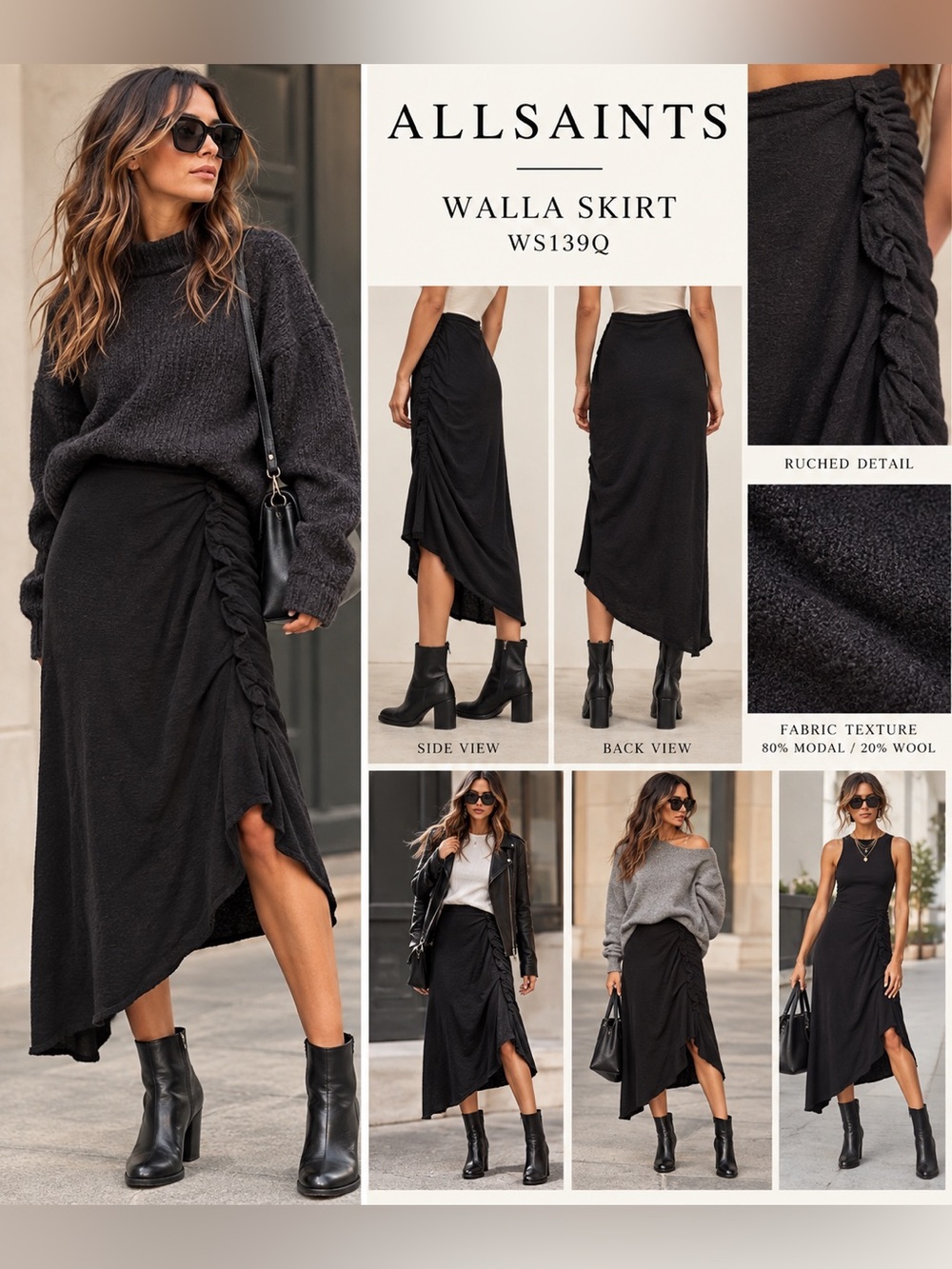 AllSaints Walla Black Draped Asymmetrical Skirt – XS